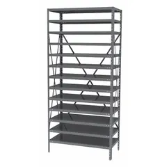 This metal stationary bin shelving unit from AKRO-MILS features a gray steel frame and includes 13 shelves. It is designed for organizing parts, tools, and supplies in industrial environments such as warehouses, factories, and workshops. The one-sided design provides easy access to stored items.