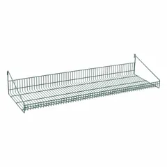 This steel shelf is designed for use with wire grid panels, providing a convenient storage surface for tools, parts, or supplies. It measures 47 1/4 inches wide, 15 3/8 inches deep, and 7 3/4 inches high, with a load capacity of 50 lb. The shelf features an epoxy-coated green finish for corrosion resistance.