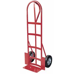 This hand truck features a steel frame with a red finish and a single-loop handle. It is equipped with semipneumatic wheels for cushioned rolling. Suitable for moving loads in warehouses, stockrooms, and delivery settings.
