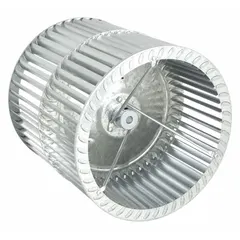 This centrifugal blower wheel features forward-curved blades and a steel convex design with two inlets. With an 11-inch diameter and 10 11/16-inch width, it operates with CW Closed End rotation. Suitable for HVAC and industrial air-moving systems requiring moderate pressure and high airflow.
