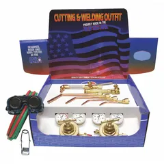 This outfit is configured for acetylene service and includes a regulator with a CGA 510 fuel connection. It is used for cutting, heating, and welding operations in maintenance, repair, and fabrication tasks.