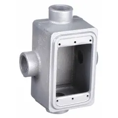 Rectangular iron weatherproof electrical box with 25 cu in capacity, 1/2 in hub, and gray finish. Designed for 1-gang installations in outdoor or wet locations to house wiring connections, switches, or outlets.
