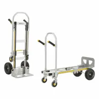 This 2-position convertible hand truck features a dual-pin mechanism for quick switching between upright and flatbed modes. The silver aluminum frame is lightweight yet strong, with 10 in axle-mounted pneumatic wheels for smooth transport over varied surfaces. Suitable for moving heavy loads in industrial, warehouse, and delivery settings