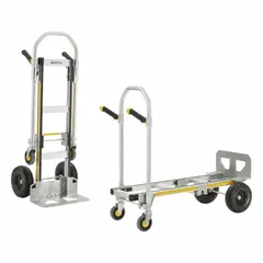 This 2-position convertible hand truck features a dual-pin mechanism for quick switching between upright and flatbed modes. The silver aluminum frame is lightweight yet strong, with 10 in axle-mounted pneumatic wheels for smooth transport over varied surfaces. Suitable for moving heavy loads in industrial, warehouse, and delivery settings.