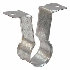 This standoff strap clamp is made of pre-galvanized steel and designed for 1-inch pipe with a maximum outer diameter of 1 inch. It is used to secure pipe runs in plumbing, HVAC, and industrial piping systems, providing support on walls or ceilings.