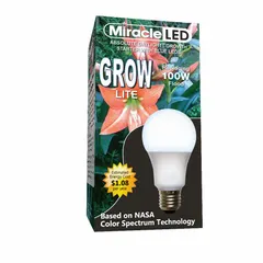 A19-shaped LED grow bulb with blue spectrum for height control in plants. Operates at 120V with 100W incandescent equivalency. Suitable for indoor gardening and greenhouse applications where compact, sturdy growth is desired.