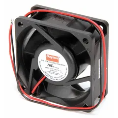 This 24V DC axial fan delivers 31.5 cfm airflow at 0.000 in static pressure. It features a polybutylene blade and polybutylene terephthalate housing, with lead wire connections. The fan measures 2 3/8 inches in height and 1 inch in depth, with an IP20 rating. Suitable for cooling and ventilation in electronic enclosures, control panels, and small equipment.