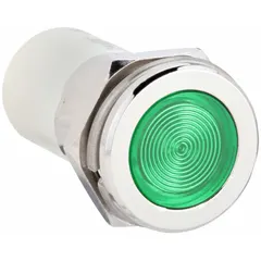Green LED indicator pilot light with flush head and H16 profile. Designed for 16 mm panel mounting hole. Electrical connection via 0.11 male quick disconnect. Used in industrial control panels and machinery for visual status indication.