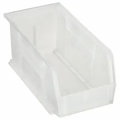 This clear plastic bin is designed for organizing small parts, components, and hardware in industrial workstations, warehouses, and assembly lines. It includes a label holder for easy identification and inventory management. The bin is not electrostatic discharge conductive and contains 0% recycled content.