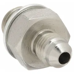 This rigid straight steel adapter connects two male NPTF threaded ports in hydraulic systems. It is used for leak-resistant sealing in high-pressure fluid power applications such as industrial machinery and mobile equipment.