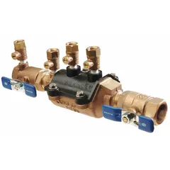 Double check backflow preventer with 3/4 in pipe size, flange x flange connections, and ball valve shut-off. Constructed of bronze with an overall length of 11 in. Used in commercial and industrial plumbing systems to protect potable water from backflow in non-health hazard cross-connections.