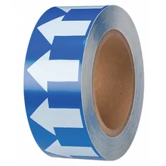 Blue vinyl pipe marking tape with white legend text, supplied in a 90 ft roll with 2 in width. Non-reflective, designed for directional flow arrow banding on pipes to identify contents and flow direction in industrial facilities.