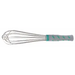 Whisk with a 12-inch overall length, featuring a nylon handle in aqua. NSF Certified for sanitation standards in foodservice environments. Not dishwasher safe. Suitable for mixing and blending tasks in commercial kitchens.