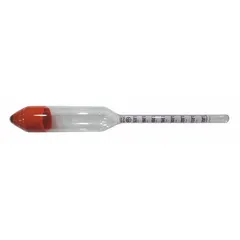 Glass plain-form hydrometer for measuring specific gravity of liquids. Range 1.000/1.070 with 0.001 scale divisions. Suitable for density checks in industrial fluid analysis, such as battery electrolyte, coolant concentration, or process solutions.