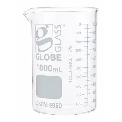 GLOBE SCIENTIFIC Beaker: 1,000 mL, 33.81 fl oz, A, Low Form, Type I, White - Color Coded Low Form Glass Beakers