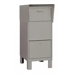 Vertical lockable mailbox for packages with a single front door. Measures 49 inches high, 20 inches wide, and 26 inches deep. Suitable for securing parcel deliveries at commercial or multi-tenant locations.