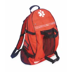 Medical backpack made of orange polyester with reflective accents for visibility. Zipper closure. Dimensions: 12 in L x 7 in W x 17 1/2 in D. Adjustable waist belt fits 11-20 in and 21-30 in. Suitable for carrying medical supplies hands-free in emergency response or field medicine.