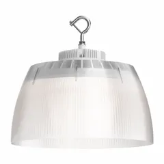Round LED bay light for mounting heights of 25 ft to 49 1/5 ft. Operates on 120 to 347V AC with selectable color temperature of 3000K/3500K/4000K. Replaces 1000W metal halide fixtures. Suitable for industrial and commercial spaces such as warehouses and factories.