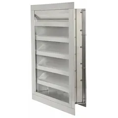 This drainable stationary-blade louver is designed for intake applications in ventilation systems. Constructed from extruded aluminum with a surface-mount flanged design, it allows air intake while blocking rain and debris. Suitable for wall openings in commercial and industrial HVAC, exhaust, and fresh-air systems. Rated for maximum air velocity of 3500 fpm.