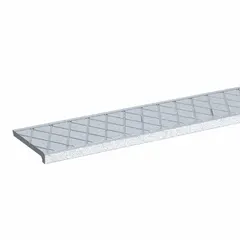 This cross-hatch stair nosing is made of gray aluminum with a 20 grit abrasive surface. It measures 3 inches deep by 60 inches wide with a 1/4 inch nose height. Designed for slip-resistant stair edges in industrial environments.