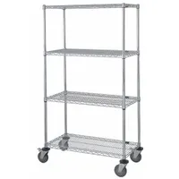 This mobile wire shelving unit is constructed of stainless steel with a silver finish, featuring four shelves and four swivel casters with polyurethane treads. Designed for dry environments, it provides corrosion-resistant storage for tools, parts, or supplies in warehouses, manufacturing plants, and maintenance facilities. The unit measures 60 inches wide by 18 inches deep by 69 inches high