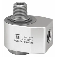 This MOSMATIC rotating joint is made of nickel-plated C38500 brass with a single passage and a 1/4 in threaded rotating shaft. Rated for a maximum speed of 30 RPM, it is used to transfer fluid or air from a stationary supply line into rotating machinery, commonly found in packaging, printing, and light industrial equipment.