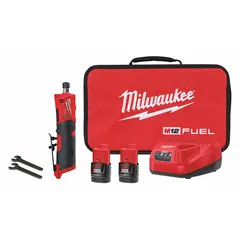 This 12V DC straight die grinder features a brushless motor with a maximum speed of 20,000 RPM and a paddle switch for precise control. It includes two 2.0 Ah batteries and is suitable for grinding, deburring, and surface finishing in metalworking and fabrication tasks.