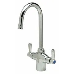Single-post laboratory faucet with chrome finish. Designed for cold and hot water media, operated by two lever handles. Suitable for lab sinks in educational, research, and industrial settings.