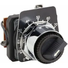 This 30 mm panel-mounting potentiometer features a metallic black bezel and a standard knob. It includes a dial plate and has a maximum resistance rating of 1,000 ohms. Suitable for industrial control applications requiring precise resistance adjustment, such as speed controls or voltage dividers.