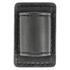 This duty equipment pouch is constructed from black synthetic leather and measures 3 1/2 inches by 3 1/4 inches. It features a plain design with an open closure, allowing quick access to a standard-sized flashlight. Commonly used by security and law enforcement personnel for belt or gear carry.