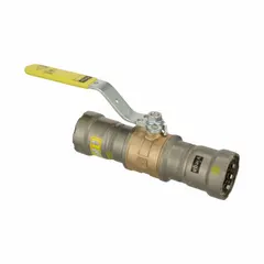 This bronze ball valve features a straight configuration with a locking lever handle for secure shutoff. PTFE seals provide compatibility with water, oil, and gas media. Rated for a maximum pressure of 125 psi CWP, it is suited for on/off flow control in piping systems.