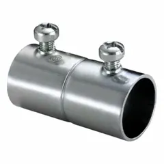 Steel set screw coupling for 1 in trade size EMT conduit. Zinc-plated finish with tri-drive screws. UL-514B listed. Used to join and secure conduit in electrical raceway systems.