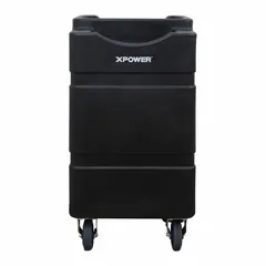 Black polyethylene water reservoir with 23.7 gal capacity. Dimensions: 16 7/8 in x 16 7/8 in x 31 11/16 in. Includes wheel for mobility. Designed for use with XPOWER misting fan model 857AF4. Suitable for supplying water to misting fans in outdoor cooling or dust suppression applications.