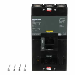 The SQUARE D LAL36350 is a 350 A, 3-pole molded case circuit breaker from the LAL series, rated 600V AC with a maximum AIR rating of 42kA at 240V AC. It features an adjustable instantaneous trip, lug terminals, and ABC phase connection, suitable for branch-circuit and feeder protection in industrial electrical systems.