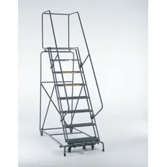 This assembled steel manual-lock ladder features a perforated step design and a 7.5 ft platform height. Finished in gray, it includes handrails for added support. The manual-lock mechanism secures the ladder in place, making it suitable for elevated access tasks in industrial environments such as warehouses and maintenance areas.