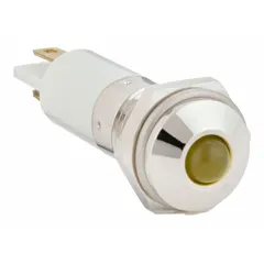 Yellow LED pilot light with raised head for panel mounting. Features M10 mounting thread and 0.11 Male Quick Disconnect electrical connection. Used on industrial control panels and machinery for visual status indication.