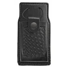 This duty equipment pouch is constructed from black leather with a basket weave pattern. It measures 6 1/2 inches by 2 1/2 inches and closes with a snap. Suitable for carrying communication devices or other small gear on a duty belt.