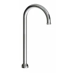 This gooseneck spout is made of brass with a polished chrome finish. It features a swivel design and laminar flow, with a UNEF connection. Includes mounting hardware for installation. Suitable for commercial and institutional washrooms, laboratories, and kitchens.