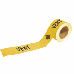 These adhesive pipe markers feature a yellow background with yellow legend reading 'Vent' and directional arrows. Each roll contains 25 markers designed for pipe outer diameters from 2-1/2 to 6 inches. Used to identify vent lines in industrial piping systems, they support safety and maintenance by enabling quick location and tracing of vent pipes.