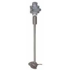 This air-powered propeller mixer features a clamp mount for attachment to container rims and a 1/8 in female NPT air inlet. It is equipped with three blades for blending, mixing, or agitating fluids in industrial tanks or drums.