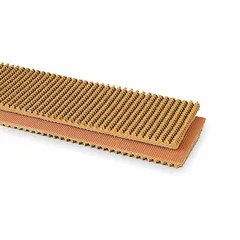 This heavy-duty multi-ply conveyor belting is 50 ft long with a 15/64 in thickness, featuring a tan rubber roughtop surface for enhanced grip. Designed for use with Alligator Lacing, it is suitable for inclined material handling where slip resistance is required, such as moving boxes, bags, or bulk materials up slopes.