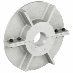 Aluminum heat slinger with aluminum plated finish. Outside diameter 8 in, bore diameter 1 11/16 in. Designed for use with 3C108. Used to dissipate heat from rotating shafts in industrial equipment such as motors and pumps.