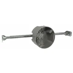 Round nonmetallic ceiling electrical box with 4-inch diameter, 1-gang capacity, and bar hanger bracket for mounting between joists. Includes NMSC clamp for securing nonmetallic sheathed cable. Suitable for light fixture or ceiling fan installations in residential or light commercial construction.
