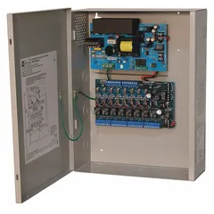 Steel-enclosed power supply board providing 12 VDC at 10 A from a 115 V AC input. Features an 8-fuse distribution board for individual circuit protection. Used to power access control systems, security equipment, and industrial automation panels requiring regulated DC power.