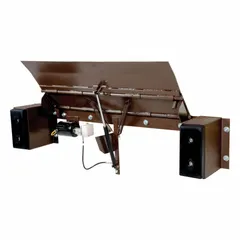 This dock leveler is a manual hydraulic-operated unit designed to bridge the gap between a loading dock and a truck bed for forklift loading and unloading. It includes a motor, control box, cylinder, hydraulic lines, oil, and pump, operating on 115V. Service height is 5 inches, and bumpers are made of rubber.