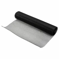 This black shelf liner is made from ethylene vinyl/polyethylene and measures 10 ft in length by 2 ft in width. It is cut to fit, allowing custom sizing for various shelf dimensions. Suitable for use in commercial kitchens, food service areas, and industrial storage to protect and organize shelves.