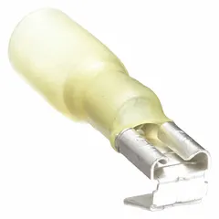 This partially insulated piggyback disconnect features a socket/tab design for 0.25 in x 0.032 in tabs, with heat shrink partial coverage. It is used for quick electrical connections in control panels, motor circuits, and power distribution systems, allowing daisy-chaining multiple wires on a single tab.