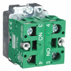 This contact block features 2 normally open (2NO) momentary contacts with screw clamp terminals for secure wiring. It is used as a switching component in industrial control panels and machinery, such as for start buttons, limit switches, or pilot devices requiring temporary electrical connections.
