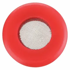 Red polyurethane gladhand seals with closed face design, 0.37 in thick, durometer 74A-76A. Each seal includes an integrated screen to filter debris; dust flap not included. Supplied as a 4-pack. Used in air brake systems on heavy trucks and trailers to seal gladhand connections and prevent air leaks.