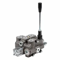 This stack valve working section is a four-way, three-position directional control valve with manual actuation and spring center to neutral spool action. It has a maximum flow rate of 13 gpm, with #8 SAE O-Ring Boss work connections and a #10 pressure connection. Inlet port connections are provided. Typical applications include controlling double-acting cylinders or motors in mobile and industrial hydraulic systems.